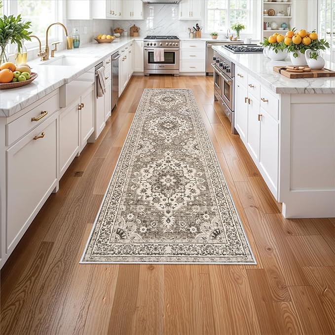 Washable Oriental Hallway Runner Rug - 3x12 Rugs for Living Room Soft Carpet for Bedroom Kitchen Waterproof Floral Distressed Indoor Stain Resistant Non-Shedding Floor Carpets (Beige, 3X12)
