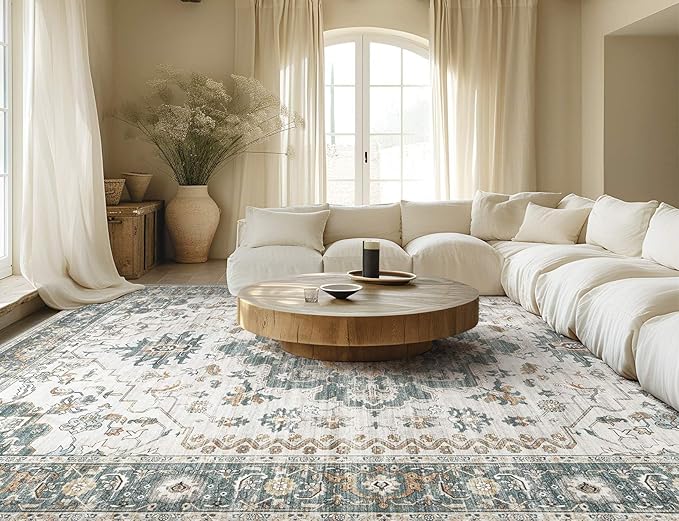 Washable Area Rugs for Living Room - 7x9 Neutral Vintage Distressed Floral Farmhouse Boho Large Soft Floor Rug Indoor Non Slip Carpet for Living Room Bedroom Dining Room Office - Green/Grey