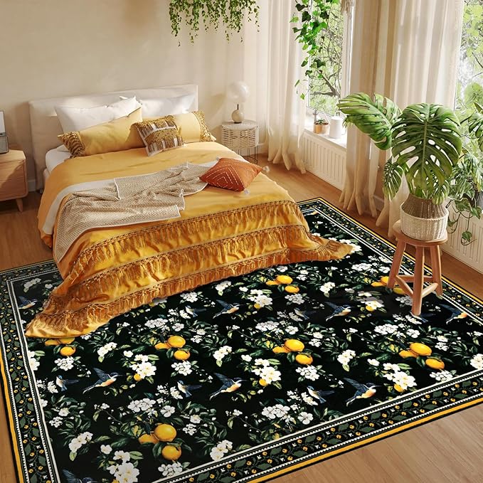 ASPMIZ Black Floral Area Rug 8x10 Vintage Large Rugs for Living Room Washable Lemon Throw Rugs Non Slip Foldable Soft Low Pile Hummingbird Floor Carpet for Bedroom Kitchen Dining Room Nursery Office
