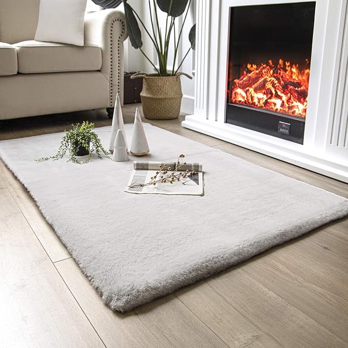 Ashler HOME DECO Ultra Soft Faux Rabbit Fur Chair Couch Cover Area Rug for Bedroom Floor Sofa Living Room Grey Rectangle 3 x 5 Feet