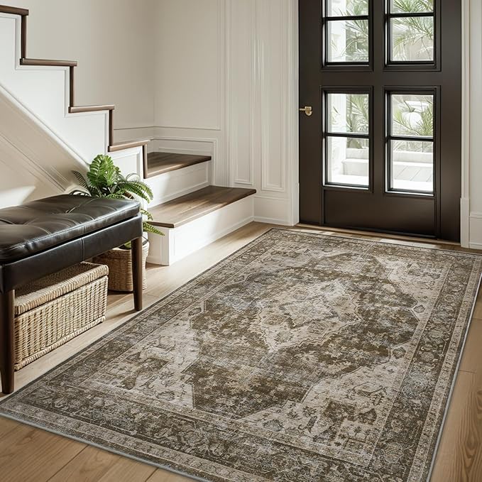 AMOAMI-3X5 Area Rug - Soft Washable Vintage Throw Accent Rug for Living Room, Bedroom, Kitchen, Bathroom, Laundry Room, Entryway - Non Slip - Brown/Coffee