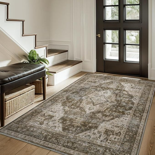 AMOAMI-3X5 Area Rug - Soft Washable Vintage Throw Accent Rug for Living Room, Bedroom, Kitchen, Bathroom, Laundry Room, Entryway - Non Slip - Brown/Coffee