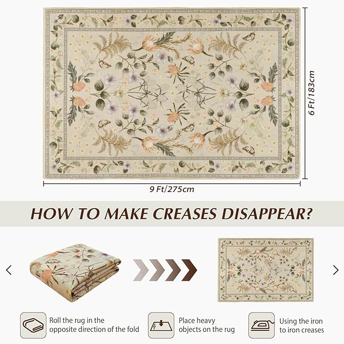 Area Rugs for Living Room, 6x9 Washable Non-Slip Rug for Bedroom, Vintage Floral Carpet for Home Office Nursery Dining Room Kitchen, Beige