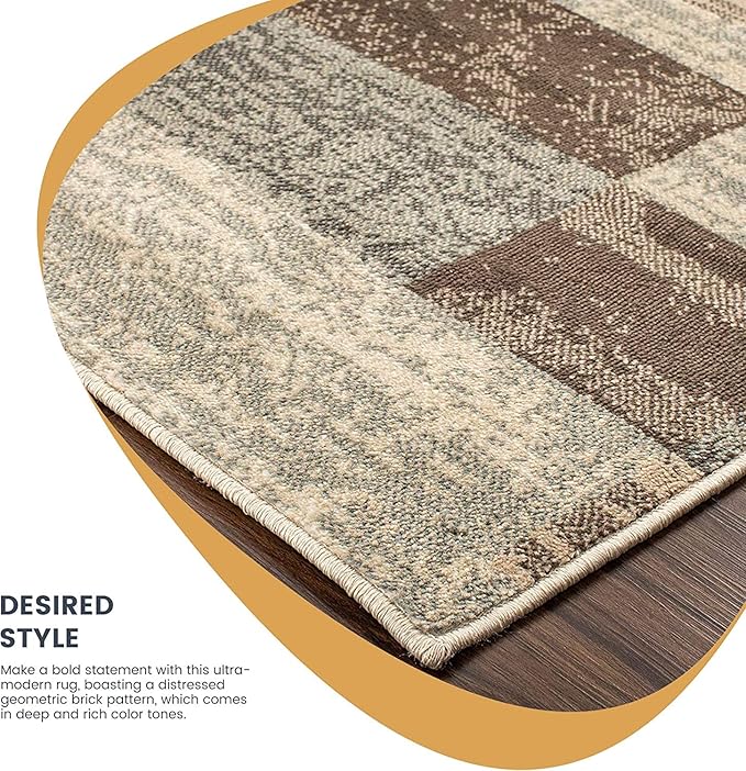 Superior Indoor Runner Rug, Jute Backed, Modern Geometric Patchwork Floor Decor for Bedroom, Office, Living Room, Entryway, Hardwood Floors, Rockwood Collection, 2' 7" x 10', Light Blue-Ivory