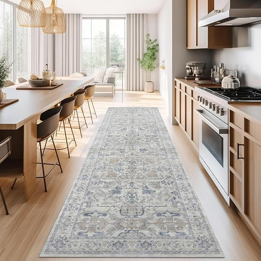 jinchan Hallway Runner Rug 3x8 Machine Washable - Vintage Floral Non-Slip Low-Pile Soft Ultra-Thin Faux Wool Kitchen Rug Distressed Carpet Runner for Farmhouse Bedroom Laundry Room (3x8ft,Blue)