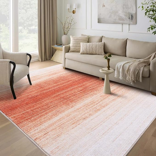 Carvapet Rugs for Living Room, Ombre Orange Low Pile Large Carpet with Rubber Backing, Foldable, Non Slip Machine Washable (9 x 6 Feet Rectangular, Orange Area Rug)