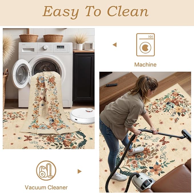 2x6 Runner Rug for Entryway Indoor, Floral Washable Rug Runners for Hallways Non Slip, Boho Kitchen Runner Rugs with Rubber Backing Cream Carpet Runner for Bedroom Entryway Laundry Bedside
