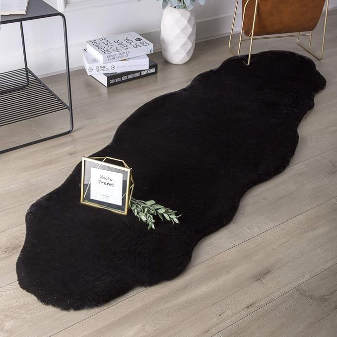 Ashler HOME DECO Ultra Soft Faux Rabbit Fur Chair Couch Cover Area Rug for Bedroom Floor Sofa Living Room Black 2 x 6 Feet