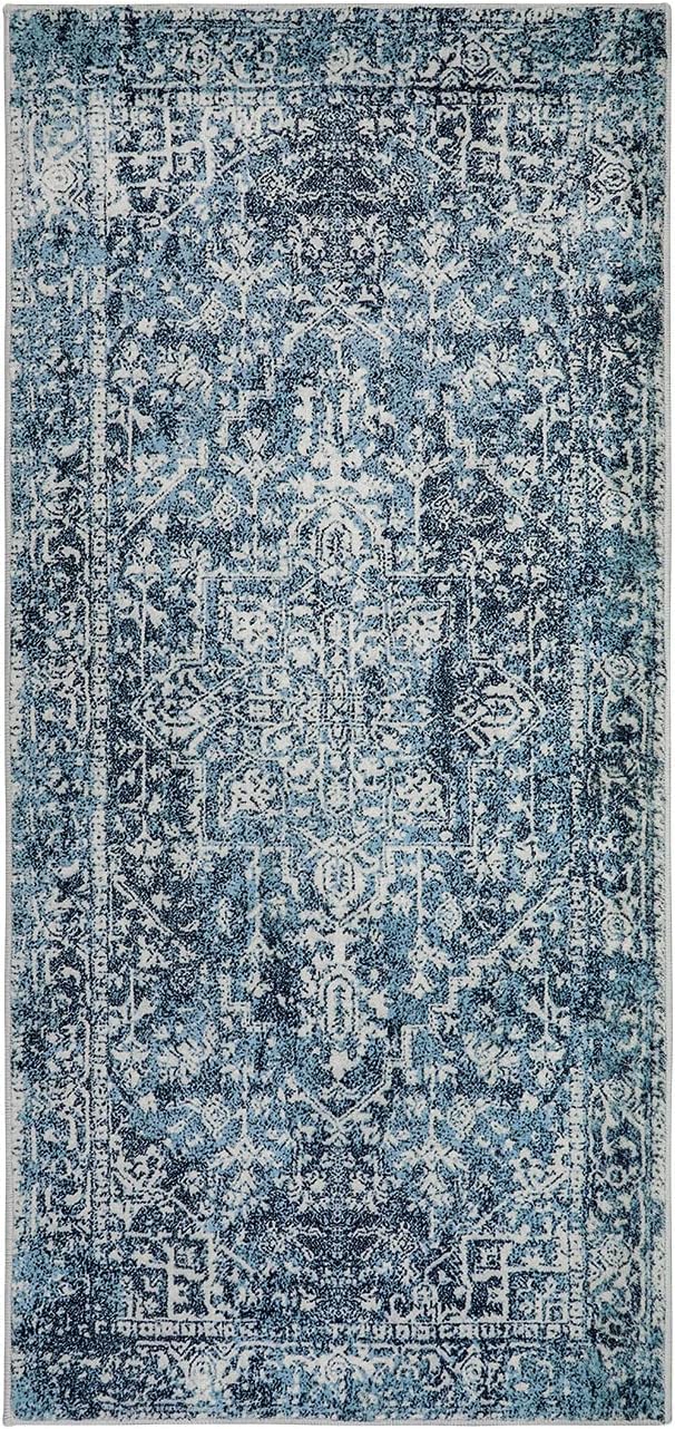 Morebes Boho Blue Rug for Bathroom 2x4.3, Washable Hallway Runner Rug Non Slip Soft Bath Mat, Vintage Medallion Low Pile Indoor Floor Carpets for Entrance Bedroom Kitchen
