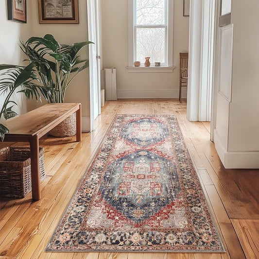 Washable 2x6 Area Rugs, Rugs for Living Room, Low-Pile Water&Stain Resistant Carpet Vintage Distressed Printed Non-Slip Carpet for Bedroom Bathroom Kitchen-Dark Red