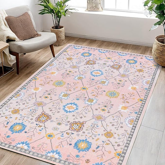 Syalife 3x5 Area Rugs, Non Slip Washable Low Pile Rugs for Living Room, Kitchen, Hallway, Bedroom Bedside, Kids Room, College Dorm (Pink Floral, 3'x5')