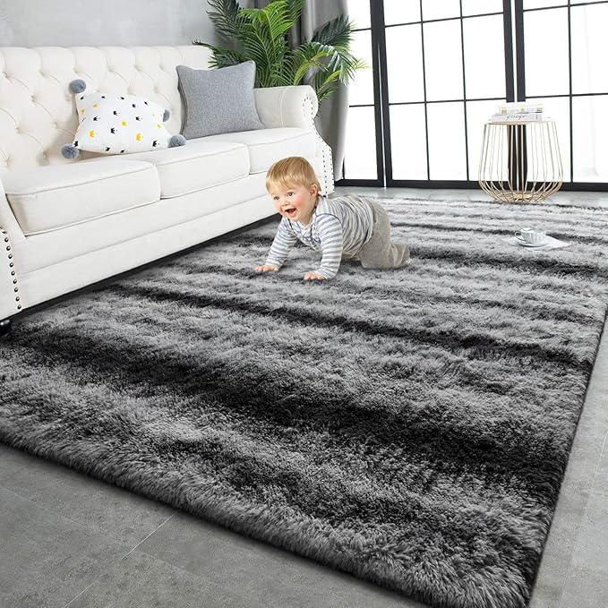 TWINNIS Super Soft Shaggy Rugs Fluffy Carpets, 5x8 Feet, Indoor Modern Plush Area Rugs for Living Room Bedroom Kids Room Nursery Home Decor, Upgrade Anti-Skid Rectangular Fuzzy Rug, Gray Black