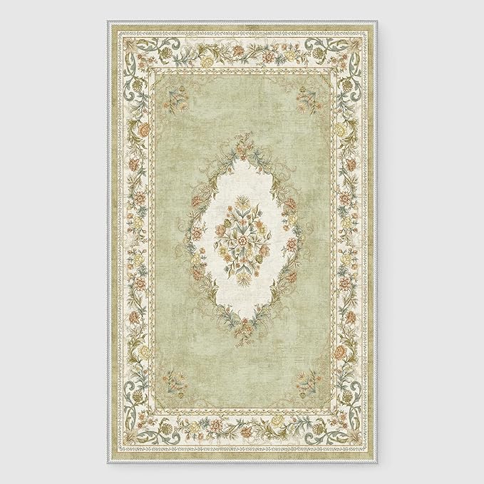 RYB HOME Sage Green Runner Rug 2x6 for Enterway Hallway, Machine Washable Floral Vintage Distresssed Rug Soft Faux Wool Non Slip Door Mat Runner for Kitchen Bathroom Laundry, 2x6 ft, Sage Green