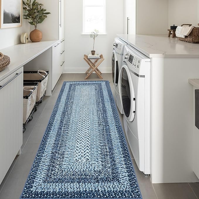 Printed Runner Rugs for Hallway 2x10 Washable Kitchen Rugs Non Slip Modern Farmhouse Soft Hallway Runner Contemporary Low Pile Rug for Living Room Bedside Decor Nursery Rug Blue