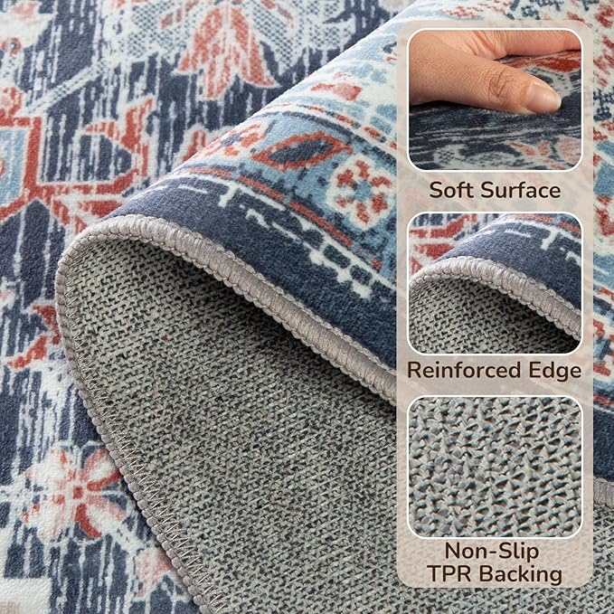BESTSWEETIE 3x5 Area Rugs for Living Room Washable Non Slip Carpet Low Pile Soft Vintage Print Pattern Rug for Bedroom Dining Room Kitchen Entryway Indoor-Navy Blue/Light Blue/Natural/Brick