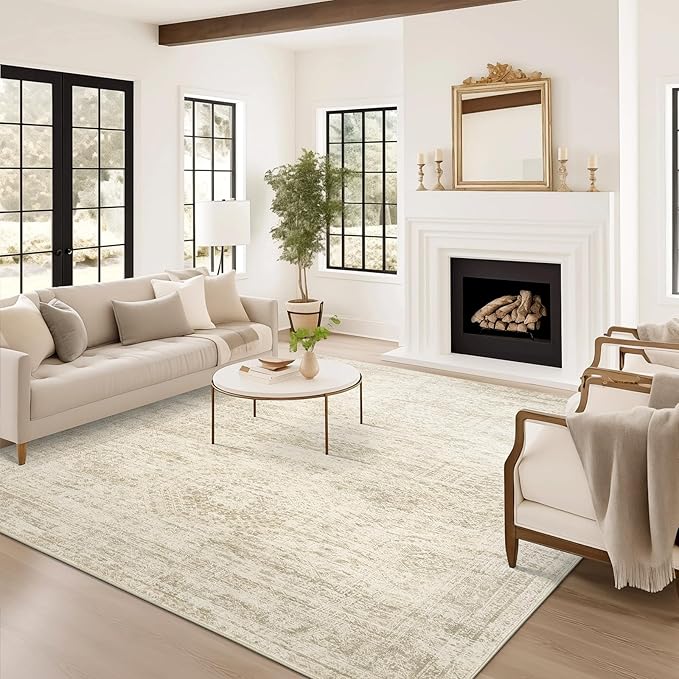 10x14 Area Rugs for Living Room, Non Slip Machine Washable Vintage Rugs, Low Pile Lightweight Large Rug for Bedroom, Dining Room, Home Office Beige