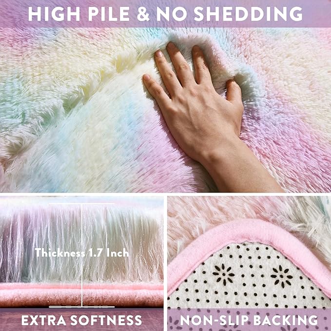 6x9 Rainbow Rug for Bedroom Girls, Large Fluffy Fuzzy Plush Shag Rug for Kids Room Nursery Living Room, Soft Cute Colorful Tie-Dyed Indoor Shaggy Carpet, Upgrade Non-Slip