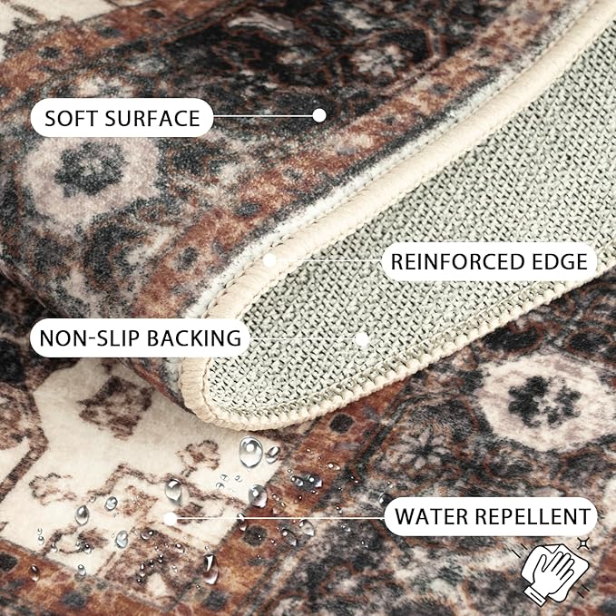 Washable 9x12 Area Rugs, Rugs for Living Room, Low-Pile Water&Stain Resistant Carpet Vintage Distressed Printed Non-Slip Carpet for Bedroom Bathroom Kitchen-Light Yellow/Choco/Brown/Navy Blue