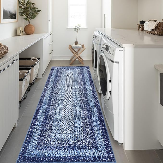 Printed Washable Runner Rug 2x10 Runners for Hallways Braided Rug Non Slip Bath Mat Modern Soft Bedroom Rug Farmhouse Kitchen Rugs Entryway Rugs Stain Resistant Carpet 2'x10' Navy