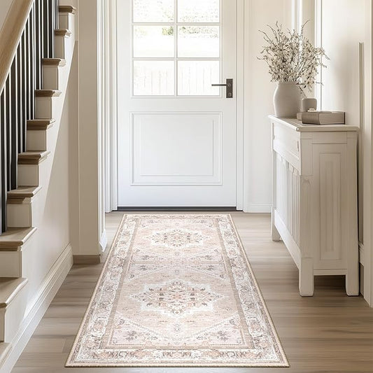BESTSWEETIE 2x6 Area Rugs for Living Room Washable Non Slip Carpet Low Pile Soft Vintage Print Pattern Rug for Bedroom Dining Room Kitchen Entryway Indoor-Light Pink