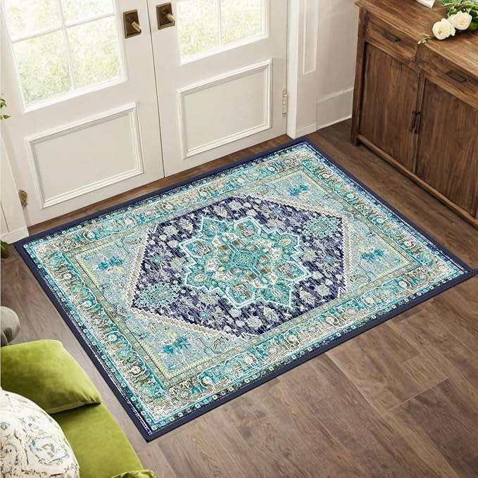 BESTSWEETIE 2x3 Area Rugs for Living Room Washable Non Slip Carpet Low Pile Soft Vintage Print Pattern Rug for Bedroom Dining Room Kitchen Entryway Indoor-Teal/Navy/Green/Yellow