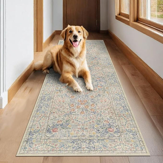 Vintage Beige Blue 2'6" x 8' Runner Rug for Kitchen, Hallway, Bathroom, Entryway Indoor, Laundry Room, Washable Non Slip Rubber Backing Stain Resistant