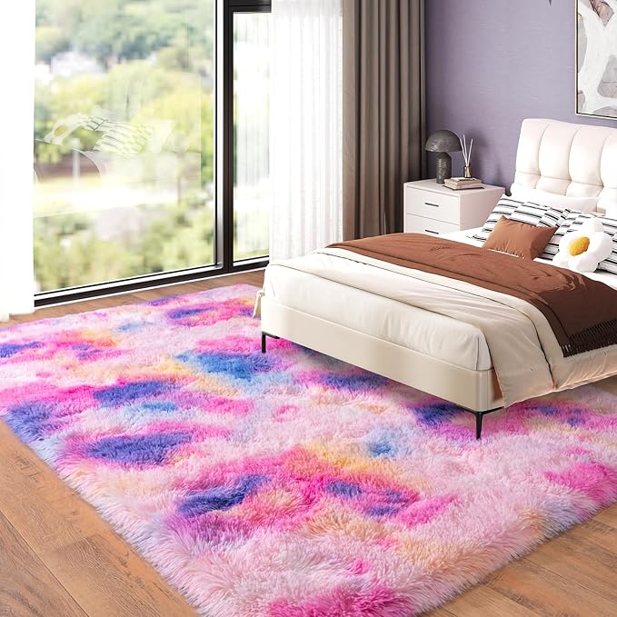 Large Area Rugs 9x12 Living Room, Plush Thick Carpets for Boy and Girls Room, Modern Soft Shag Rug for Bedroom, Non Slip, Indoor Carpet for Nursery Dorms Home Decor Aesthetic, Rainbow