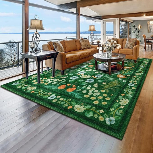Area Rugs for Living Room, 6x9 Washable Non-Slip Rug for Bedroom, Vintage Floral Carpet for Home Office Nursery Dining Room Kitchen, Green