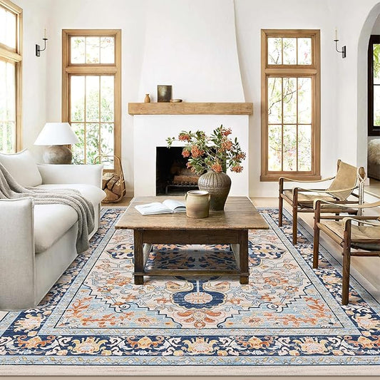 U'Artlines Boho Vintage Area Rug 6x9 Machine Washable Low Pile Soft Floor Carpet Non Slip Non Shedding Accent Rug for Living Room Bedroom Entryway Dining Room Office Orange Blue