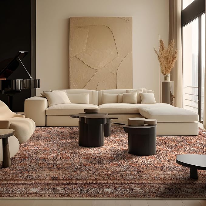 Phantoscope Vintage Collection Area Rug 6'x9' - Large Living Room Rug - Washable Rug Boho Rugs Non-Slip for Bedroom Dining Room, Low-Pile Floor Carpet Distressed Accent Rug, Brick Red/Black