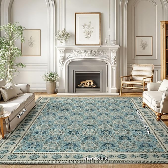 Vintage Washable Area Rug 9x12, Spill-Proof Surface, Non-Slip Backing, Cozy Soft Faux Wool, Printed Rug for Living Room Bedroom Dining Room - Maya