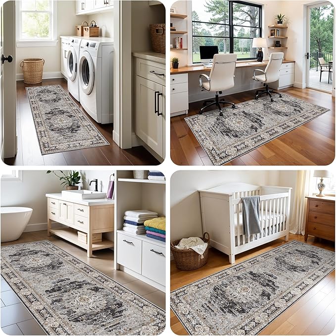 2x5 Runner Rug for Hallway Washable: Non Slip Kitchen Rugs with Rubber Backing Soft Waterproof Mats Stain Resistant Indoor Vintage Carpet Runner for Bedroom Bathroom Laundry Entryway Black/Gray