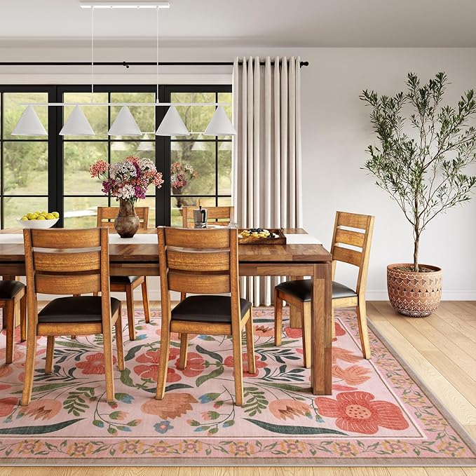 Beeiva Floral Washable Beige Rugs, 8x10 Area Rugs for Living Room with Low Pile, Non Slip Non-Shedding Carpet for Dorm Nursery Kids Room (Beige,8'x10)