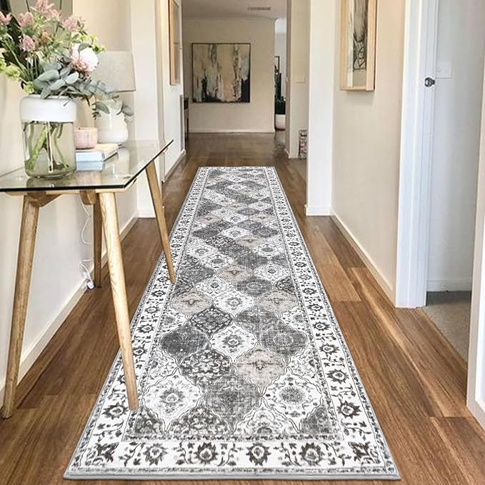 HEBE Hallway Runner Rug 2'8''x12' Washable Vintage Distressed Area Rugs Non Slip Laundry Rug Runner Boho Floor Carpet Runners for Hallways Entryway Laundry Room Kitchen Bathroom