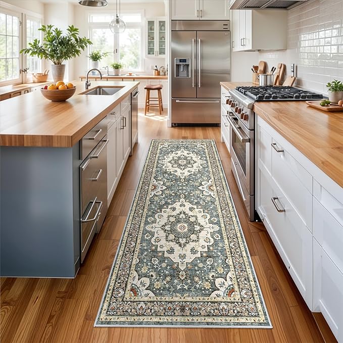 Washable Oriental Hallway Runner Rug - 3x8 Rugs for Living Room Soft Carpet for Bedroom Kitchen Waterproof Floral Distressed Indoor Stain Resistant Non-Shedding Floor Carpets (Blue, 3X8)