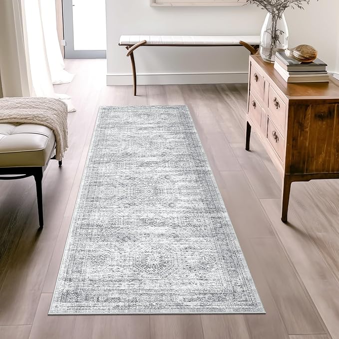 Runner Rug 2'x6' Washable Non-Slip Runner Rugs for Kitchen Bathroom Laundry Room Grey Vintage Floor Carpet Runners for Hallway Entryway