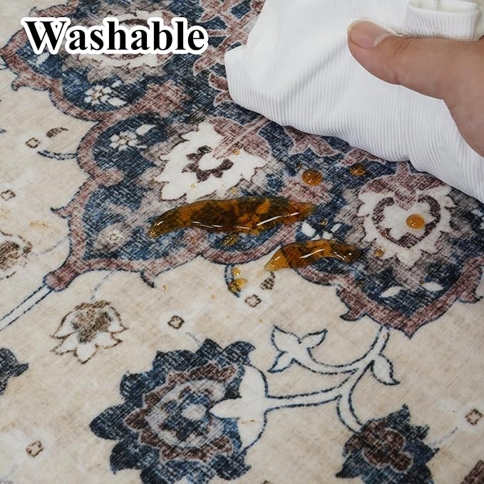 2x5 Washable Entryway Runner Rug: Vintage Low Pile Rugs for Kitchen Bedroom Oriental Stain Resistant Hallway Bathroom Carpet Accent Floor Mat with Non-Slip Backing for Laundry Home Office (2x5,Blue)