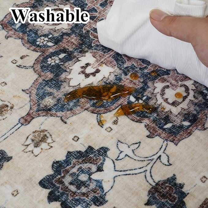Washable 2x3 Entryway Area Rug: Vintage Non-Slip Backing Rugs for Kitchen Bathroom Water Resistant Carpet for Bedroom Soft Low Pile Front Door Mat for Dining Room 2x3 Blue