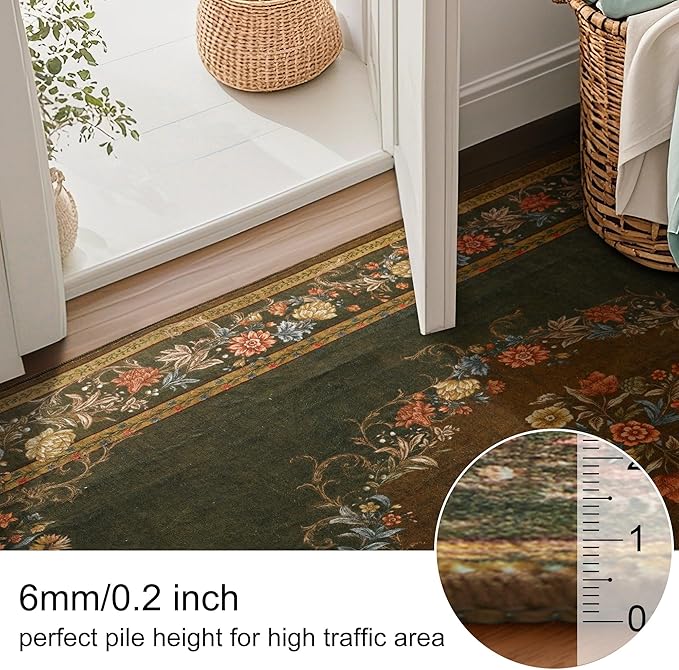 RYB HOME 2x8 Bedroom Rug Runner, Extra Long Floral Vintage Entrance Runner Rug, Soft Stain Resistant Non Slip for Hallway Living Room Doorway, 2x8 ft, Olive Green