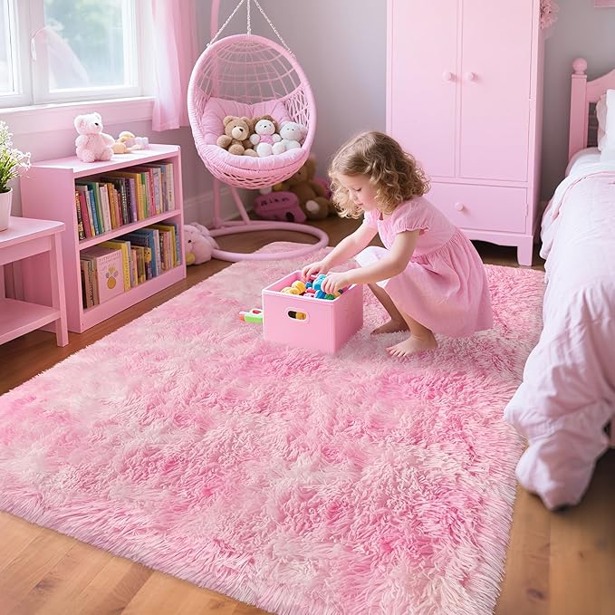 4x6 Pink Rugs for Bedroom Girls, Soft Fluffy Shag Pink Area Rug for Girls Kids Baby Room, Kawaii Fuzzy Thick Carpet Plush Mat Non-Slip Throw Rugs for Nursery Playroom Dorm Home Decor Aesthetic