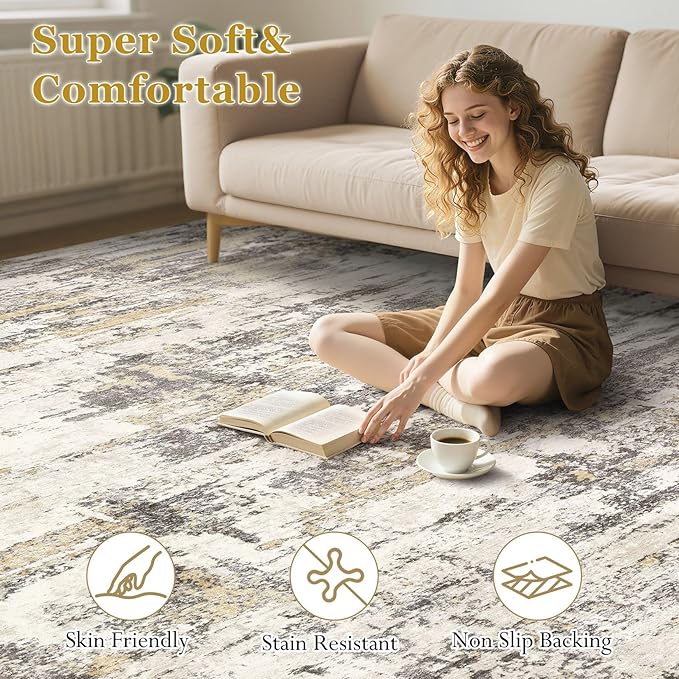 Area Rugs for Living Room: 5x7 Abstract Washable Rug Modern Neutral Large Soft Stain Resistant Non-Slip Backing Machine Table for Bedroom Dining Room Indoor Home Office Carpet - Gold Brown