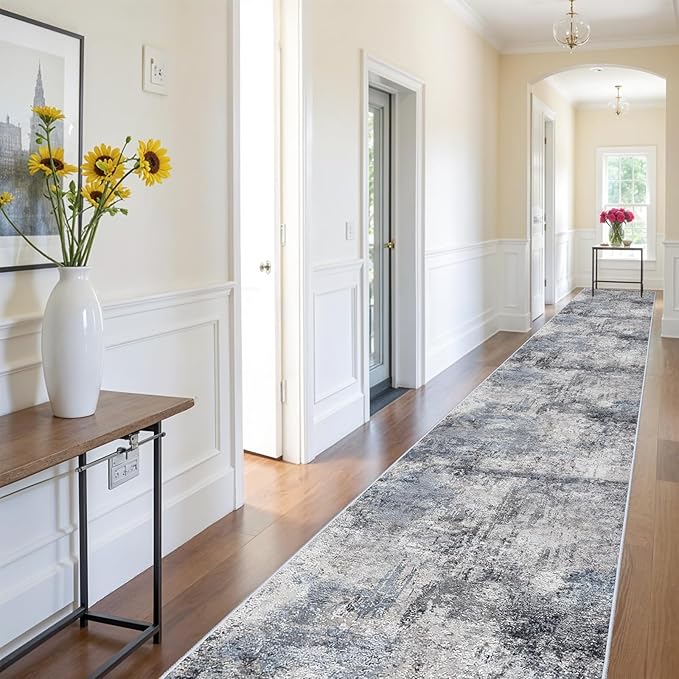 RUUGME 3x16 Runner Rug Hallway - Runner Rug Stain Resistant for Living Room Non Slip Indoor Entryway Rubber Backing Carpet Bedroom Kitchen Distressed Floor Decor Mat Machine Washable 3x16 Blue
