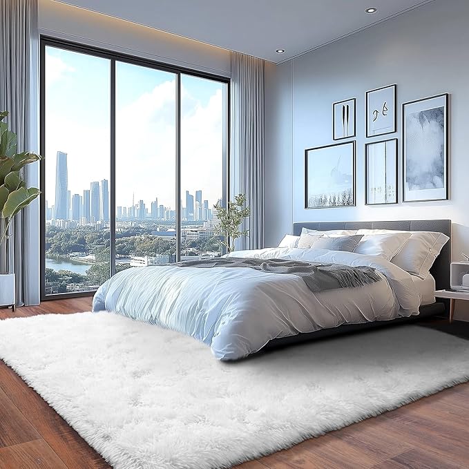 White Fluffy Rug for Bedroom White Fuzzy Rug Non-Slip Indoor Floor Carpet for Living Room Anti-Skid Rectangular Fuzzy Rug 4x6