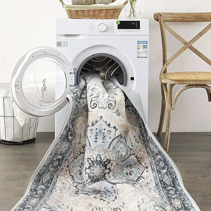 Washable Area Rug 9x12 - Living Room Farmhouse Vintage Oriental Rug Large Distressed Non-Slip Stain Resistant Carpet for Bedroom Dining Room Home Office (9x12 Blue/Cream)