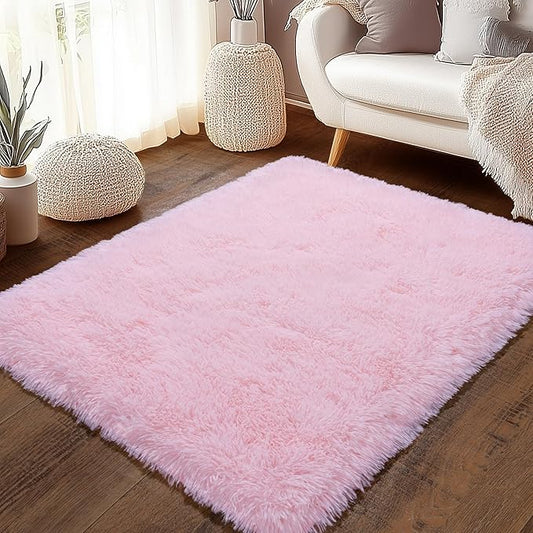 Pink Fluffy Rug for Bedroom 3x5 ft Small Rug - Ultra Soft & Non Slip Shaggy Area Rug, Comfy Durable Carpet for Living Room Kids Room Teens Dorm Home Decor, 1.7'' Thick Indoor Plush Carpets
