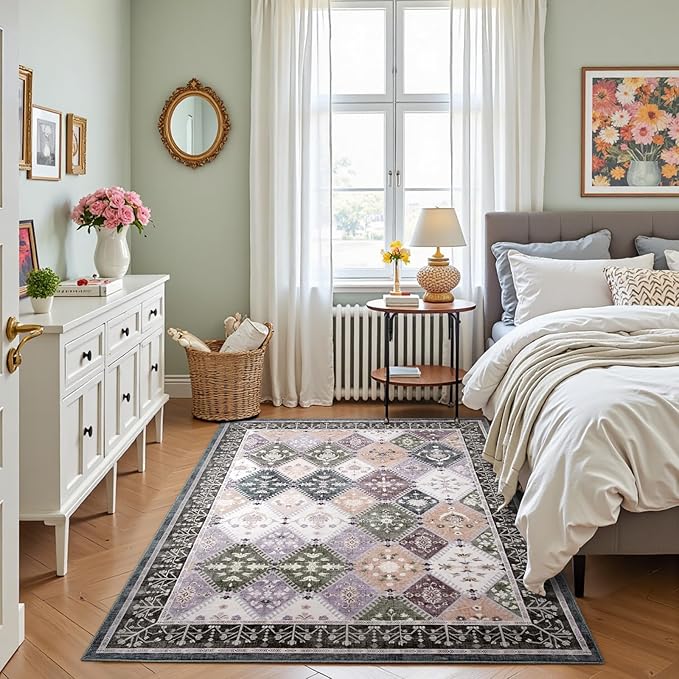 3x5 Washable Area Rug for Bedroom,Boho Non-Slip Living Room Rugs, Moroccan Floral Trellis Carpet Soft Low Pile Accent Indoor Mat for Bedside Entryway Kitchen Laundry Room, Teal/Grey
