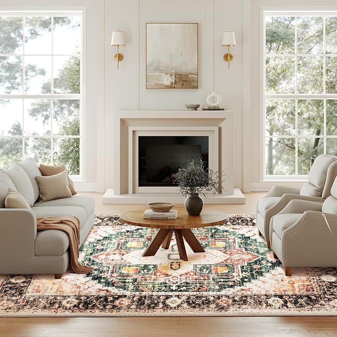 Washable 9x12 Area Rugs, Rugs for Living Room, Low-Pile Water&Stain Resistant Carpet Vintage Distressed Printed Non-Slip Carpet for Bedroom Bathroom Kitchen-Green
