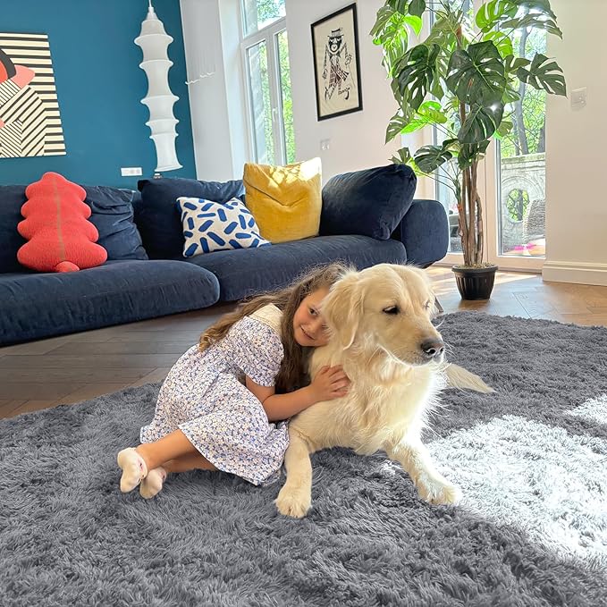 OLANLY Area Rugs for Living Room Bedroom, Machine Washable 4x5.9 Feet Soft Fluffy Shaggy Bedside Rug, Indoor Floor Carpet for Kids Girls Boys, Dorms, Nursery Rooms, Home Decor Aesthetic, Light Grey