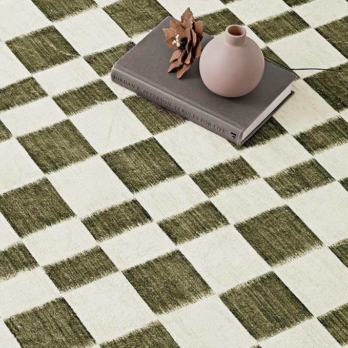 EVERGRACE Checkered Plaid Area Rug 2x3, Soft Fuzzy Faux Wool Rugs Washable Anti Slip Rugs Small Rug Carpet for Entryway Bedroom Living Room Hallway Kitchen Dining Room and Laundry Room, Olive Green
