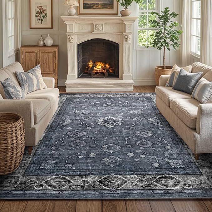 3x5 Washable Area Rugs for Living Room Stain-Resistant Bedroom Rug with Non-Shedding &Slip Faux Wool,Vintage Floral Aesthetic Carpet Foldable for Indoor Dining Room